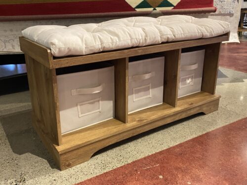 Ash Blonde Padded 3-Cubby Bench w/ Cloth Bins