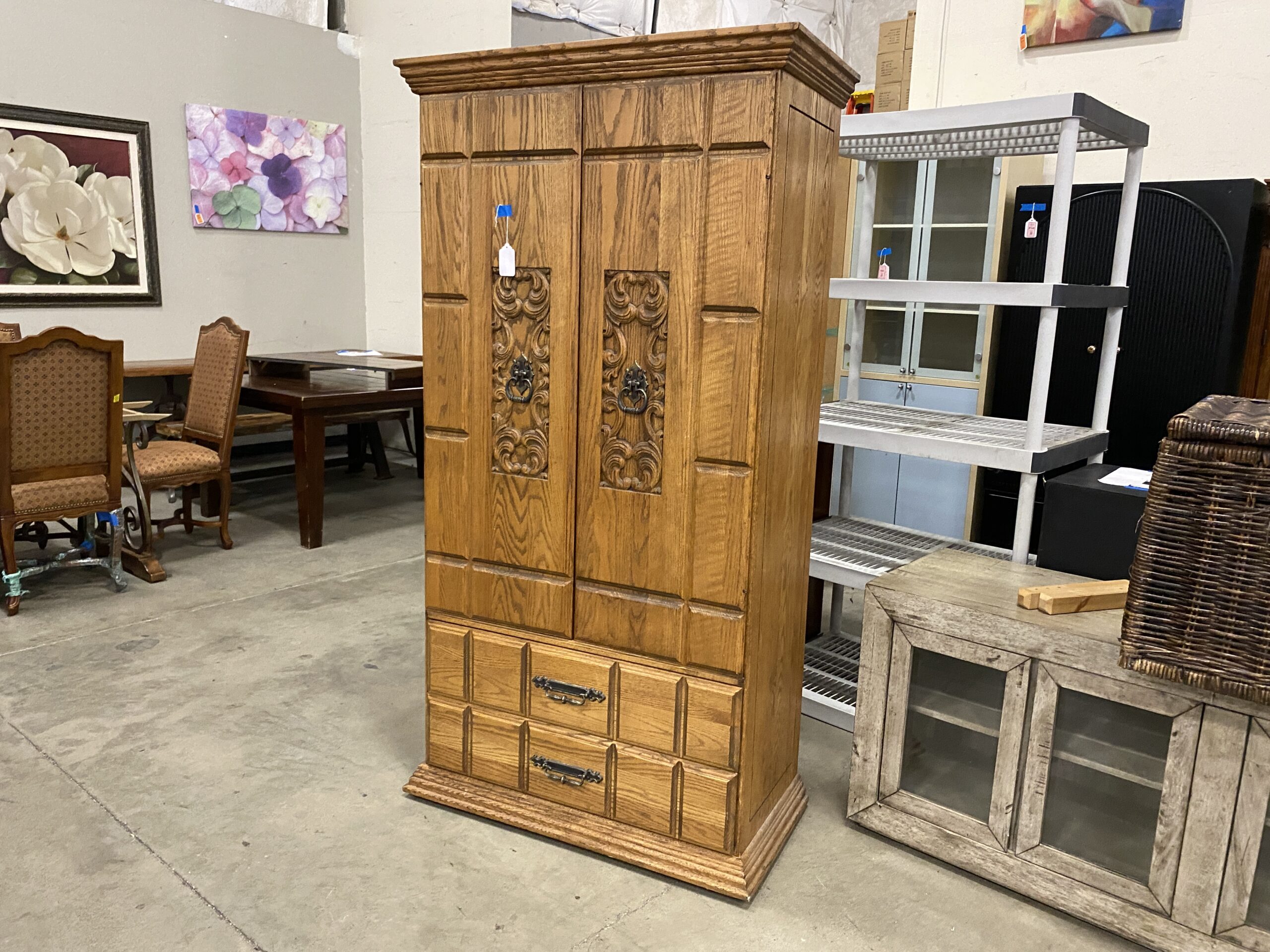 Rolling Carved Oak Armoire (No Shelves)