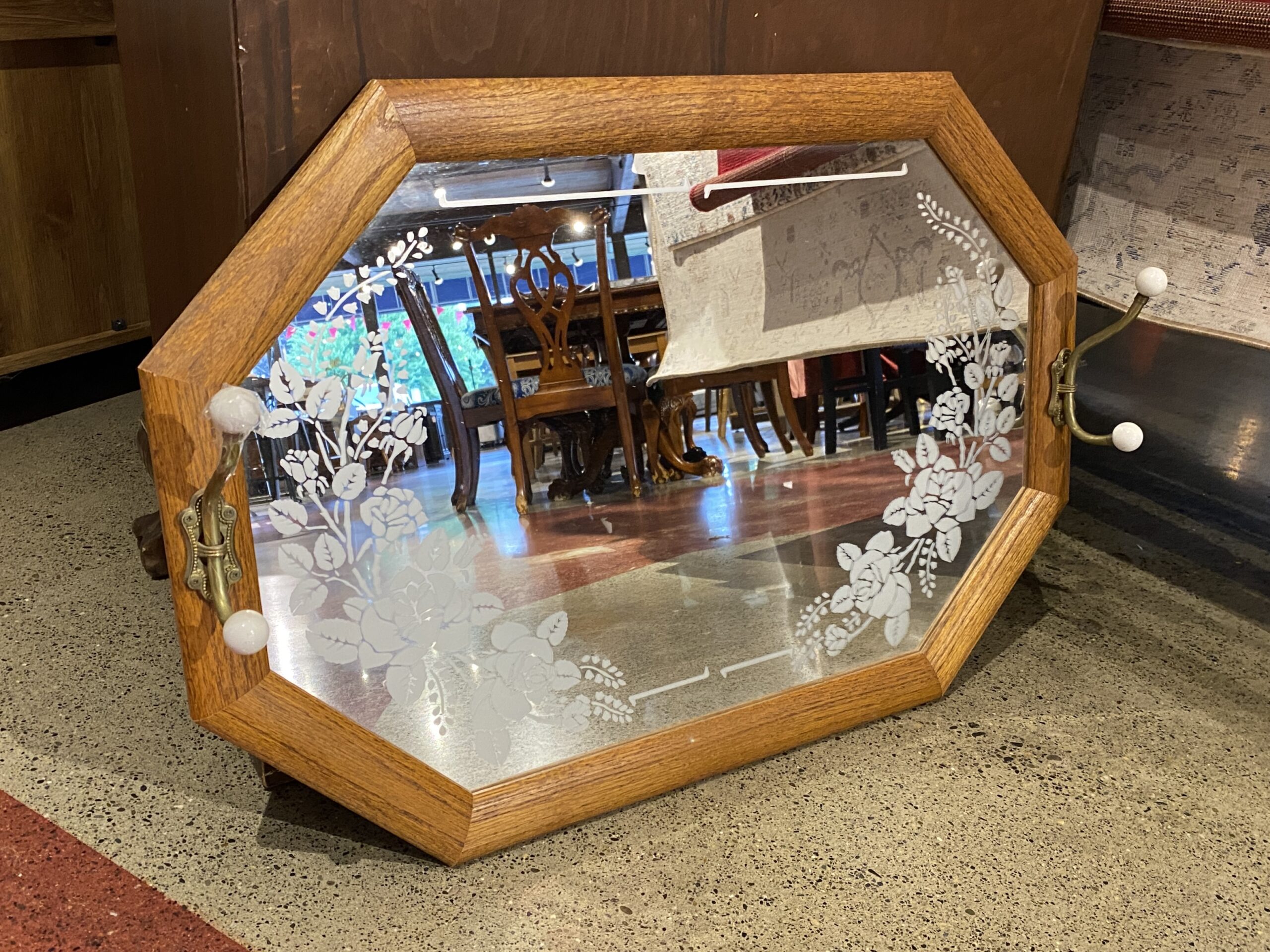 Country Rose Vintage Wall Mirror w/ Hooks