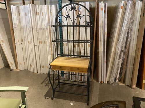 Wrought Iron Bakers Rack with Pine Top and Drawers