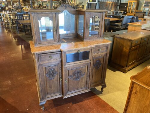 Unique Antique Buffet with Marble Top and Mirrored/Glass Display Compartment