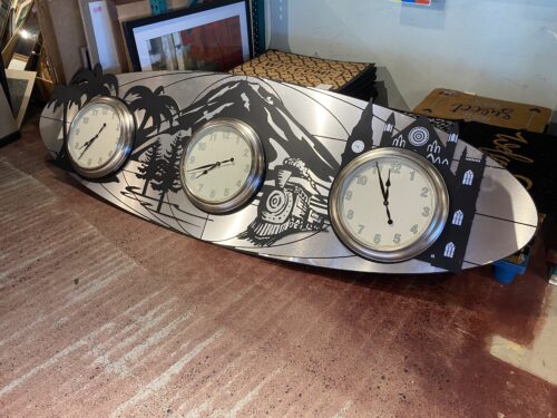 Three Clock Metal Wall Art with Rainier Background