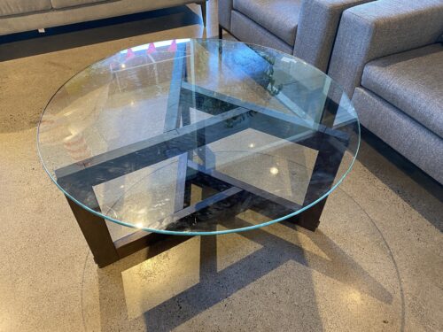 Round Glass Top Coffee Table with Geometric Wood Base