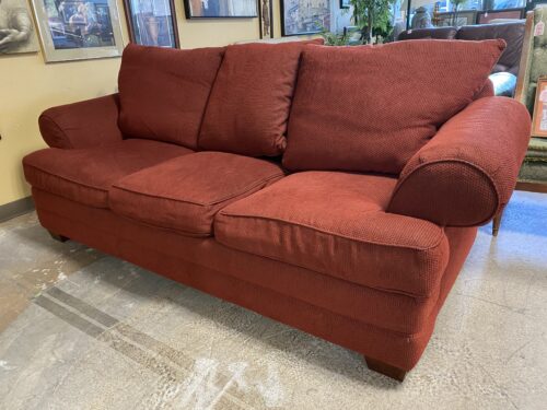 BASSETT Plush Red & Brown 3-Seat Sofa