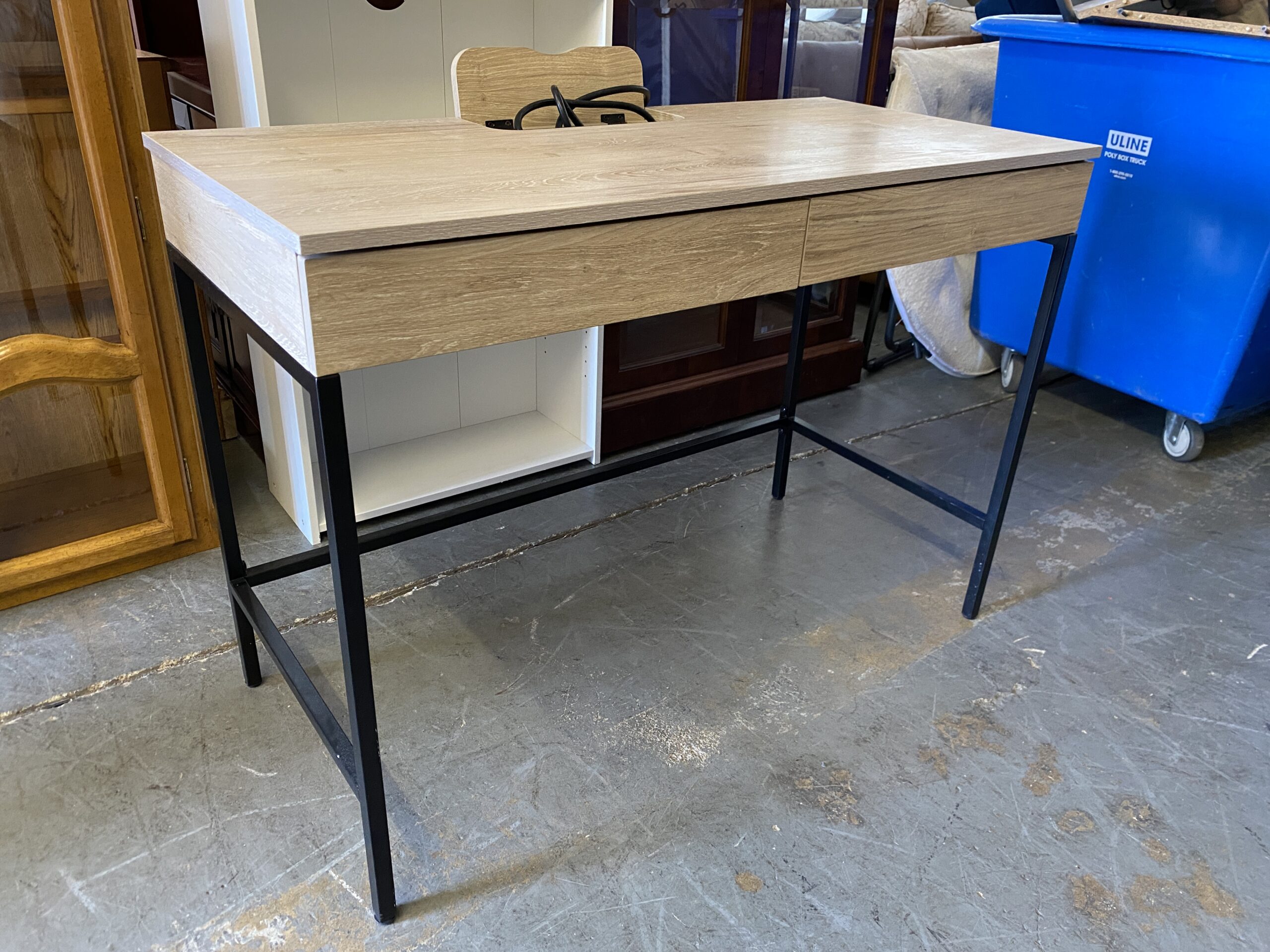 Light Grey Wood & Metal 2-Drawer Desk w/ Extension Cord
