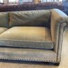 MITCHELL GOLD Olive Green Velvet Sofa with Nailhead Detail