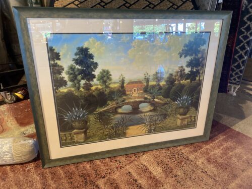 Landscape Painting with Red Brick House and Pond