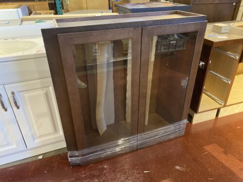 Upper Cabinet with Dark Wood Frame and Glass Doors