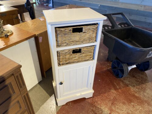 Distressed White Cabinet with Two Wicker Basket Drawers
