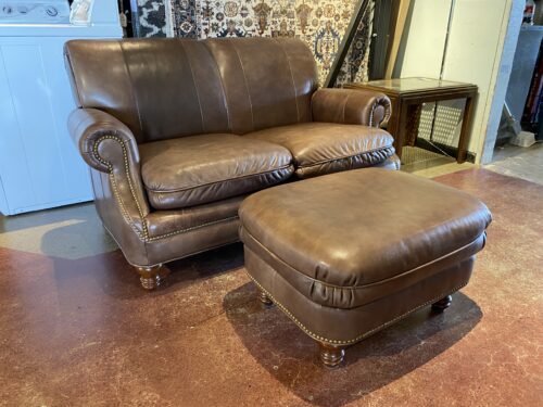 LEATHERCRAFT Brown Studded Loveseat w/ Ottoman