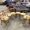 Set of 6 Rustic Carved Wood Dining Chairs with Yellow Cushions