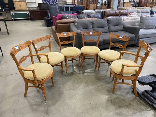Set of 6 Rustic Carved Wood Dining Chairs with Yellow Cushions