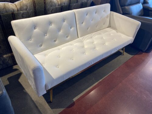 Tufted White Velvet Futon with Gold Legs