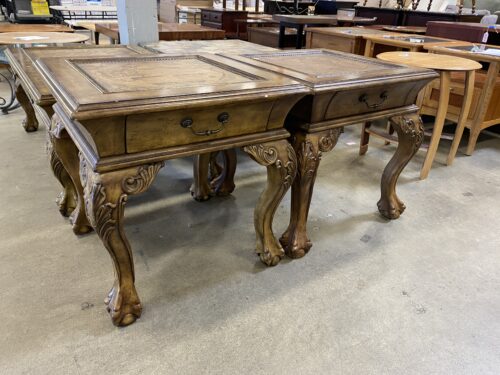 Old World Map Side Table with Carved Legs and Drawer Set of 2