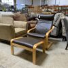IKEA Dark Brown Leather Poang with Ottoman