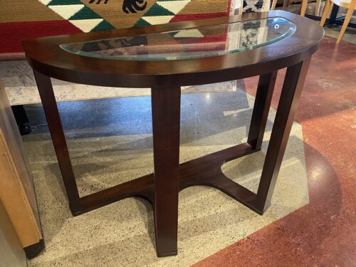 Dark Roast Half-Moon Glass Top Sofa Table