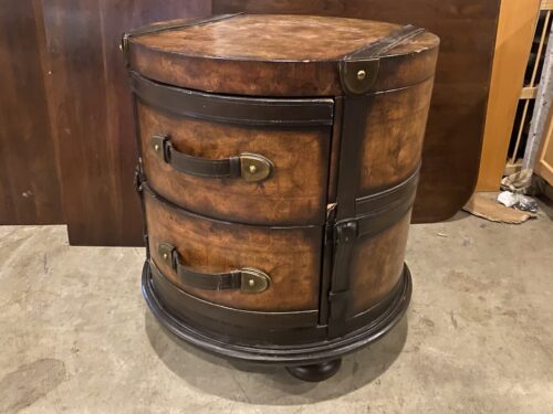 Leather Strapped Old-World Map Barrel Table