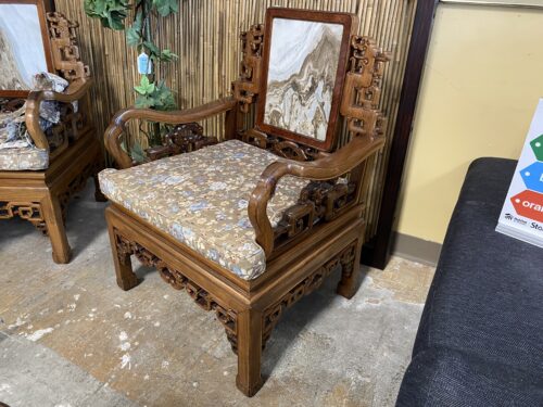 Ornate Carved Chinese Marble Backed Wooden Armchair