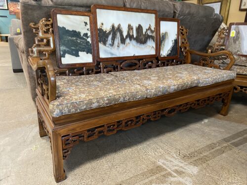 Ornate Carved Chinese Marble Backed Wooden Sofa