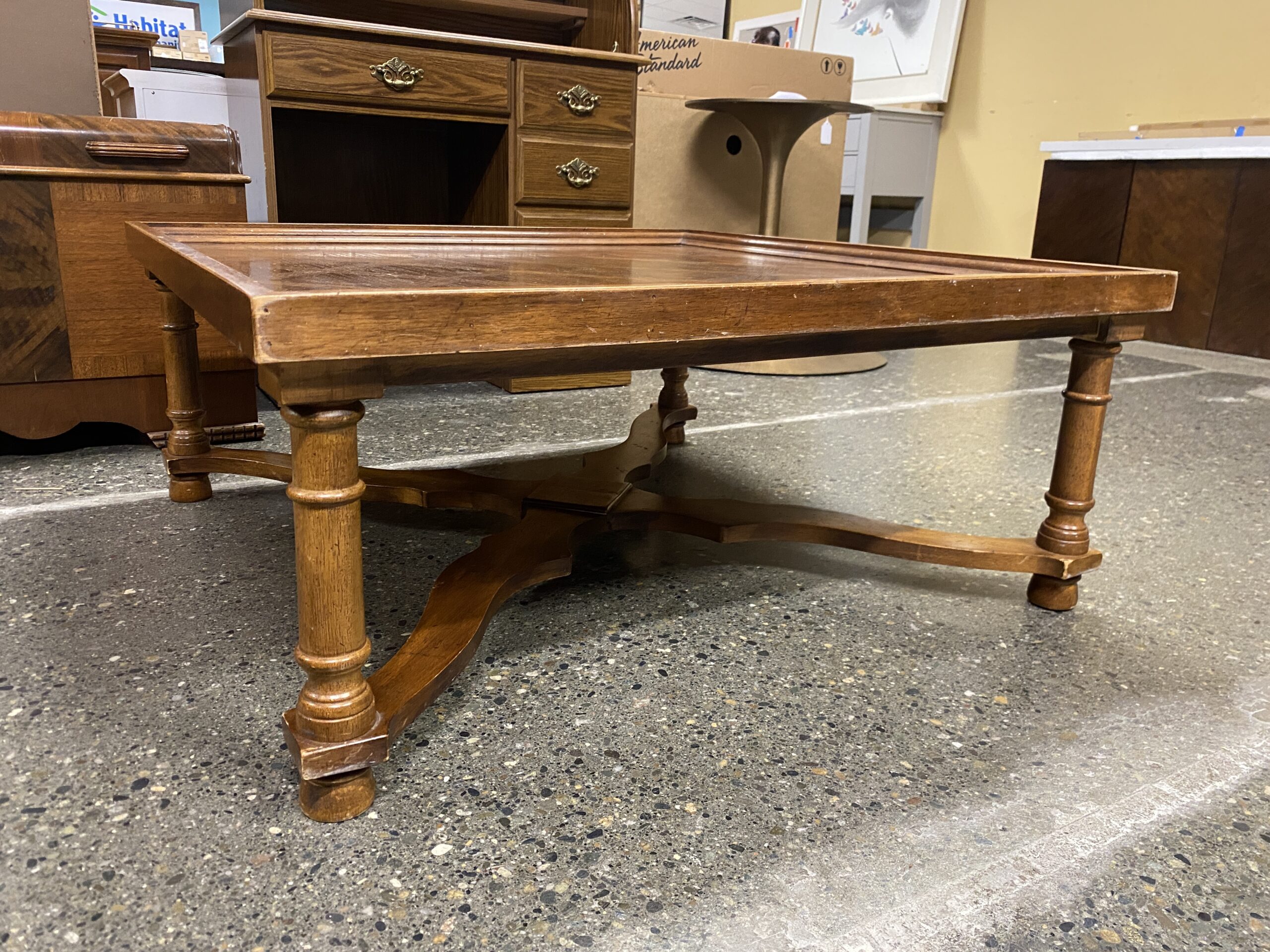 Square Wooden Coffee Table w/ Cross Hatched Grain Top
