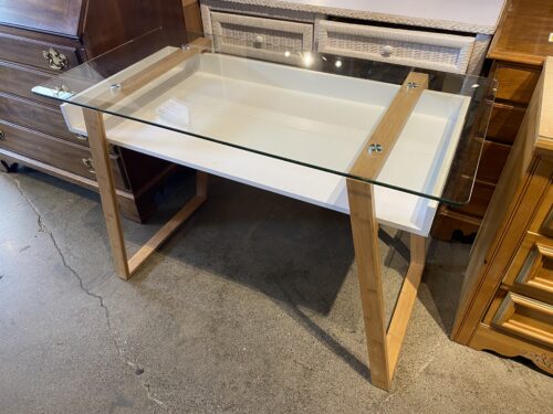 Glass Top Desk with Lower Display and Bamboo Legs