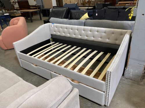 Light Grey Studded and Tufted Daybed with Drawers