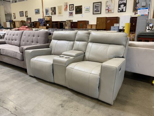 ABBYSON Light Grey Leather Double Recliner Console Loveseat
