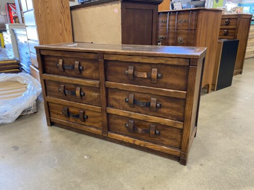 Vintage Leather Strap Pulled 6 Drawer Dresser