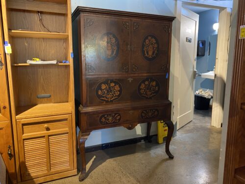 Leggy Vintage Secretary Desk w/ Detailed Inlay Doors