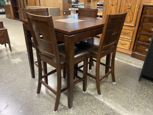 Square Wooden Dining Set w/ 4 Chairs & Marble Tile Center