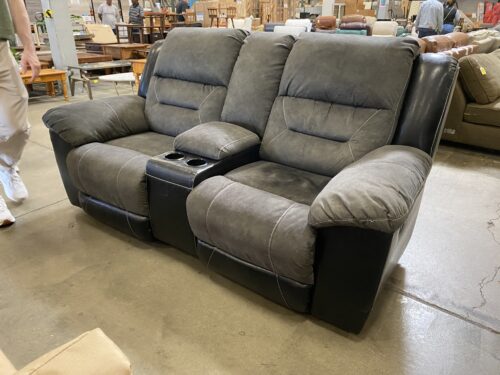 ASHLEY Steely Grey Fabric and Black Leather Double Manual Recliner