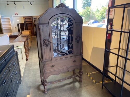 Antique Arched China Cabinet with One Drawer and Turned Legs
