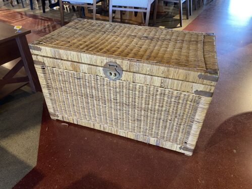 Vintage Wicker Trunk with Intricate Detail on Metal Hardware