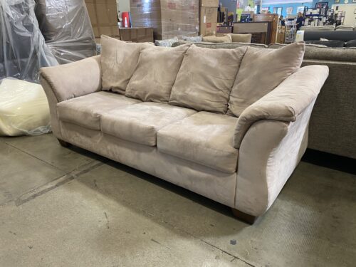 Soft Tan Pillow Backed Saddle Arm Sofa