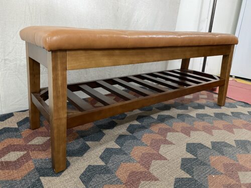 Wooden Bench w/ Tufted Orange Cushion