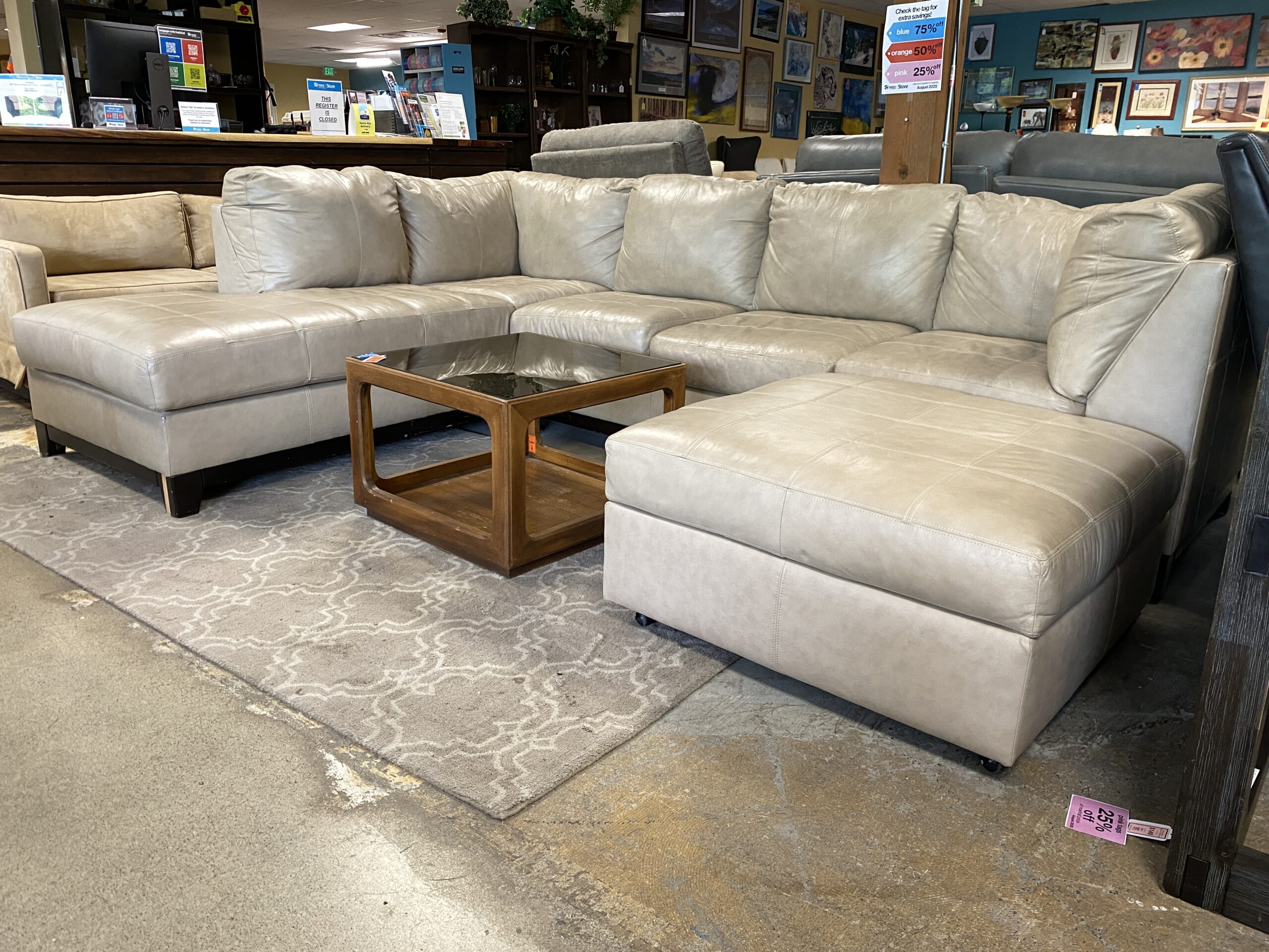 ASHLEY Tan 5-Seat Sectional Sofa w/ Rolling Storage Ottoman