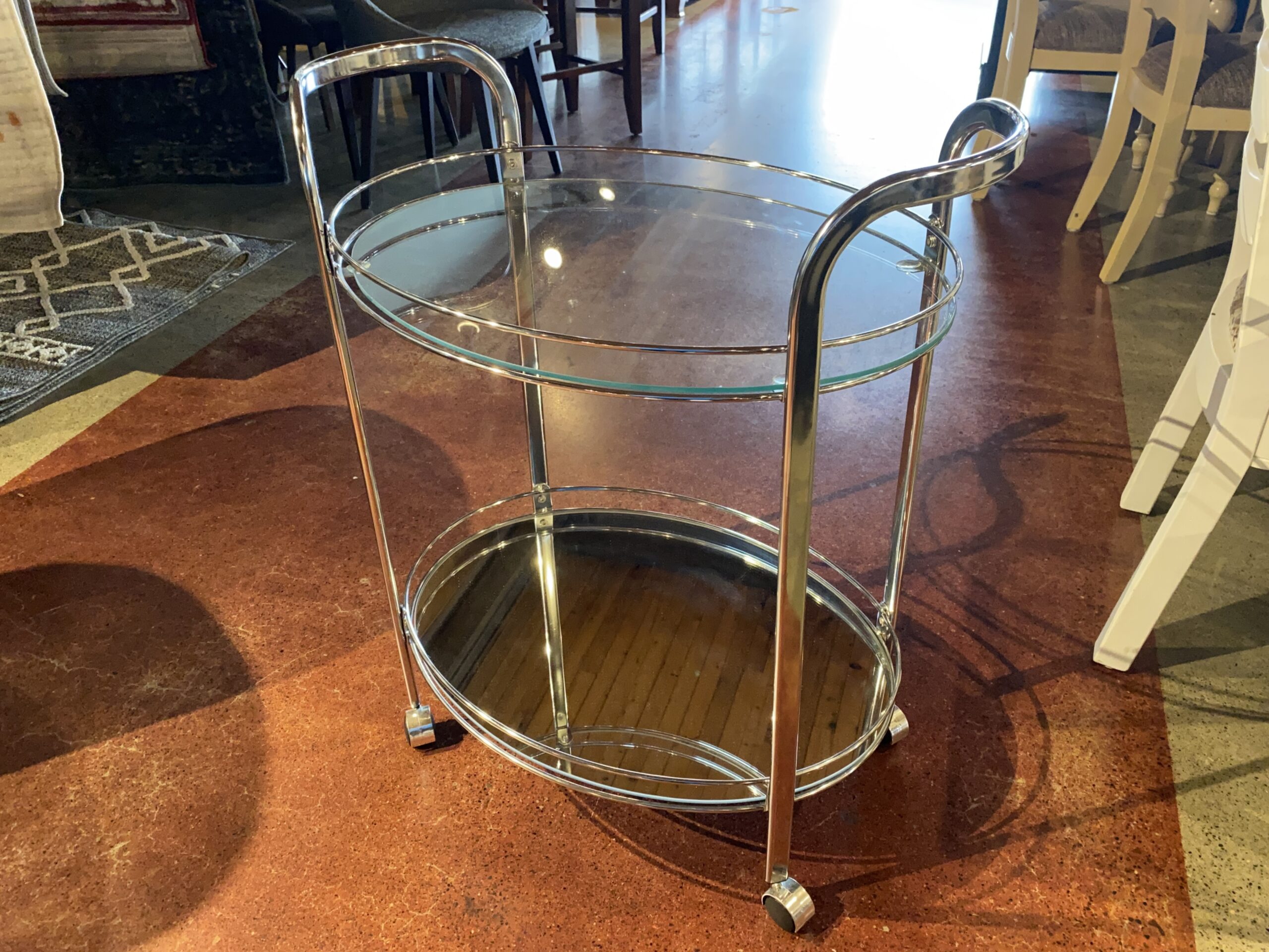 2-Tier Silver Oval Bar Cart w/ Mirror Shelf