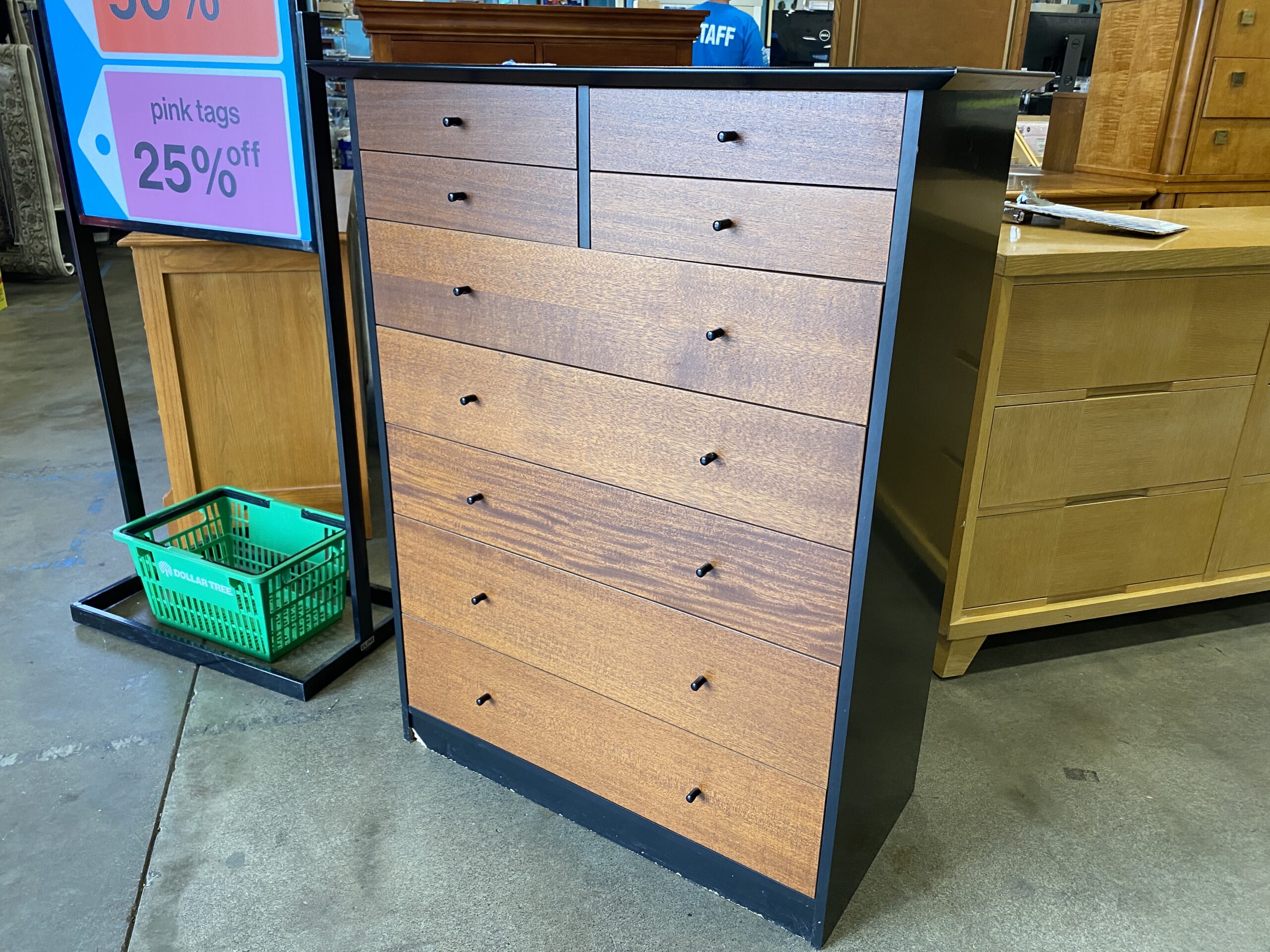 Black Framed Dresser with 9 Wood Panelled Drawers