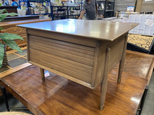 Deep Beige MCM Tambour Door Nightstand with Gold Feet