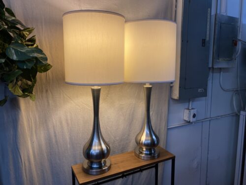 Pair of Contemporary Brushed Nickel Tall Table Lamps