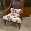 Rattan and Wood Framed Chair with Floral Upholstered Seat