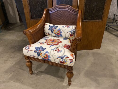 Rattan and Wood Framed Chair with Floral Upholstered Seat