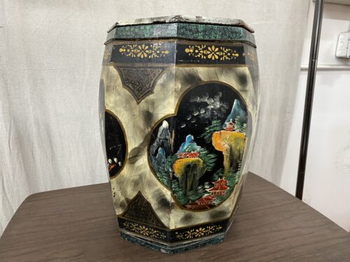 Antique Chinoiserie Hand-Painted Octagonal Barrel w/ Green Rim