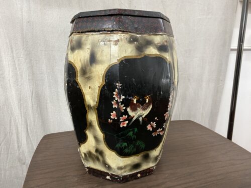 Antique Chinoiserie Hand-Painted Octagonal Barrel w/ Red Rim