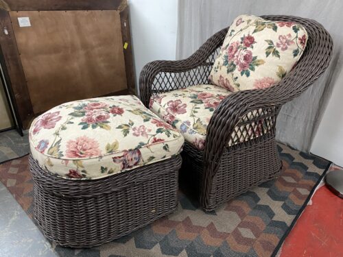 Dark Wicker Floral Patio Chair w/ Ottoman