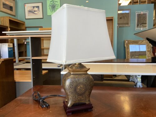 Light Chinese Medallion Ceramic Table Lamp with Square Shade