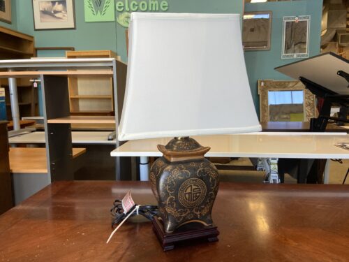 Dark Chinese Medallion Ceramic Table Lamp with Square Shade