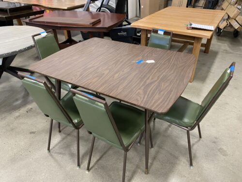 Vintage MC Walnut Finished Dining Table with 5 Green Leather Chairs