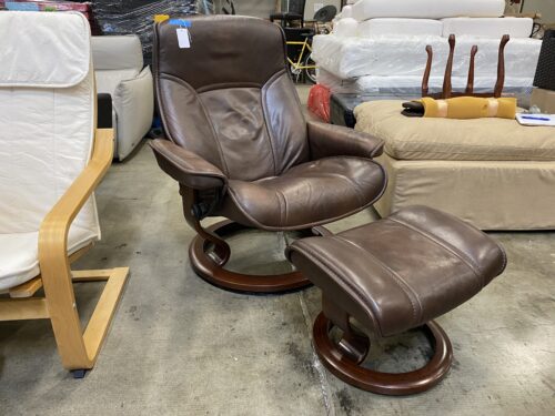 EKORNES Brown Leather Stressless Recliner with Ottoman