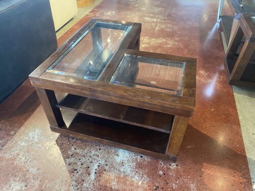 Glass Top L Shaped Coffee Table on Wheels